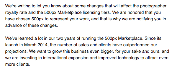 An email notification was sent out to 500px Marketplace Contributors yesterday